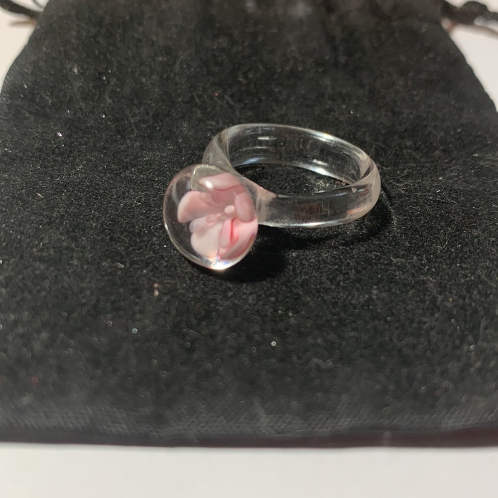 Clear Glass Pink Flower Ring size 4 3/4